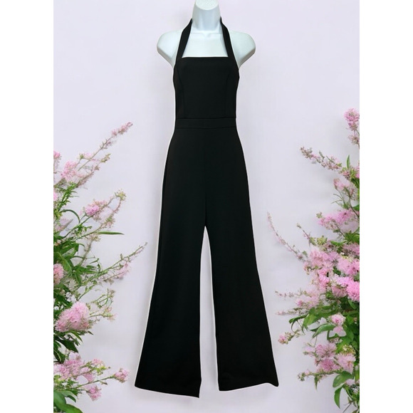 Soprano Black Halter Jumpsuit Sz S Wide Leg Pants Thick Stretch Romper Stretch - Picture 1 of 6